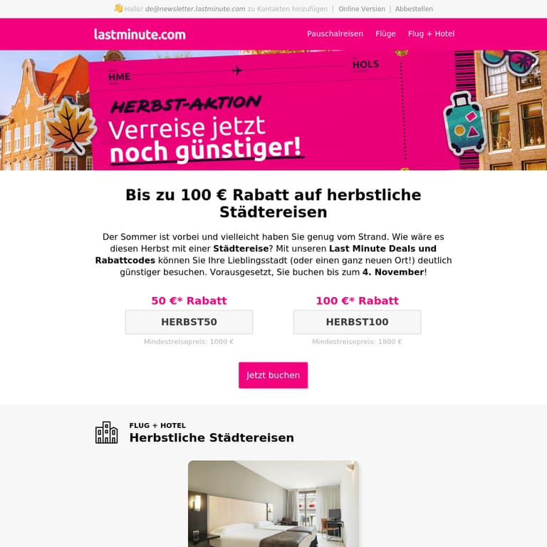 Spare bis zu 100 € bis zum 4. Nov - newsletter screenshot