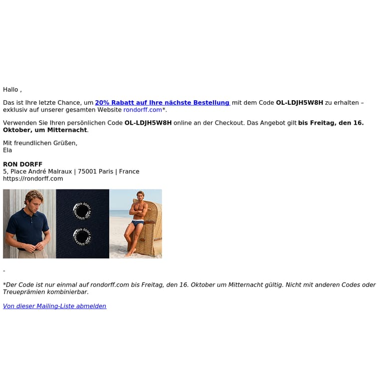 Letzte Chance: 20% Rabatt auf die gesamte RD-Kollektion - newsletter screenshot