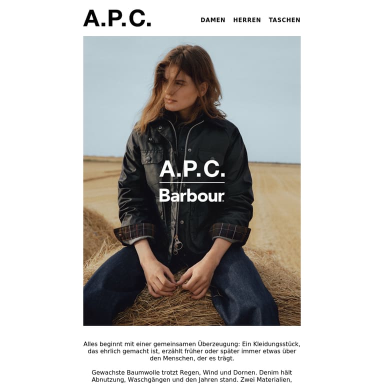 A.P.C. Barbour | Zwei Materialien, die nichts vergessen - newsletter screenshot