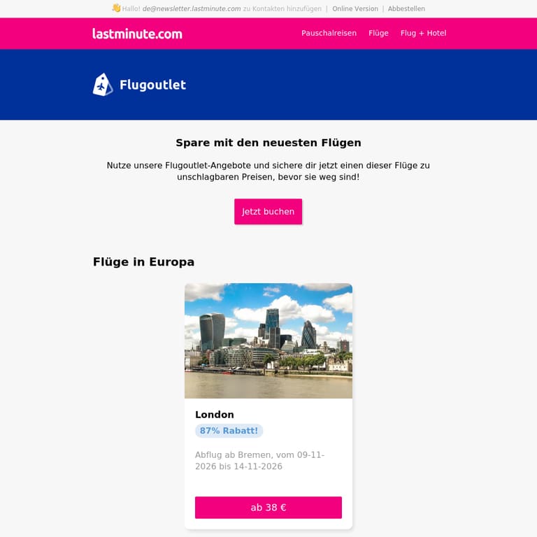 Jede Woche unsere besten Flugangebote - newsletter screenshot