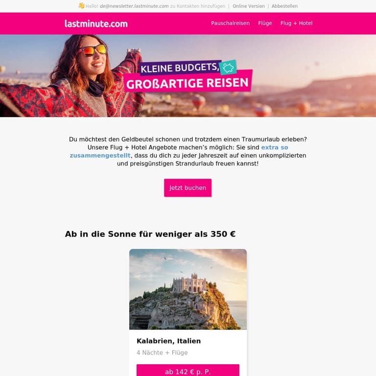 Mehr reisen, weniger ausgeben - newsletter screenshot
