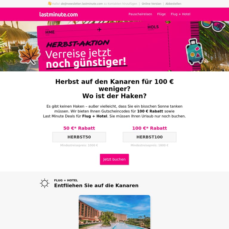 Entfliehen Sie der Kälte mit bis zu 100 € Rabatt - newsletter screenshot