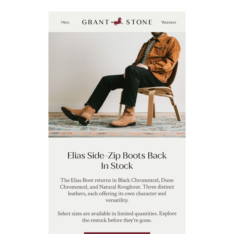 Elias Side-Zip Back In Stock - newsletter screenshot