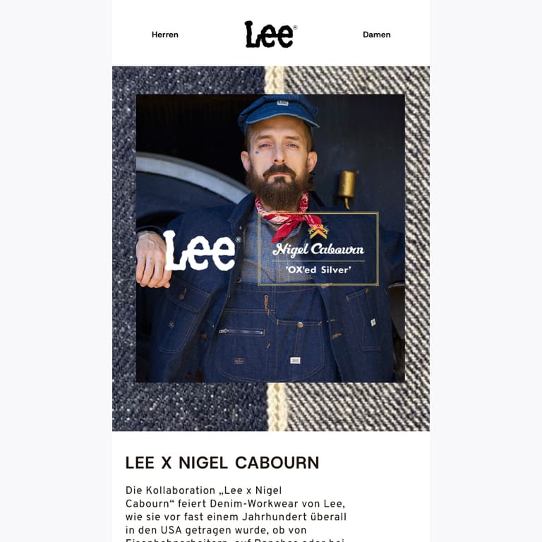 Lee × Nigel Cabourn - newsletter screenshot