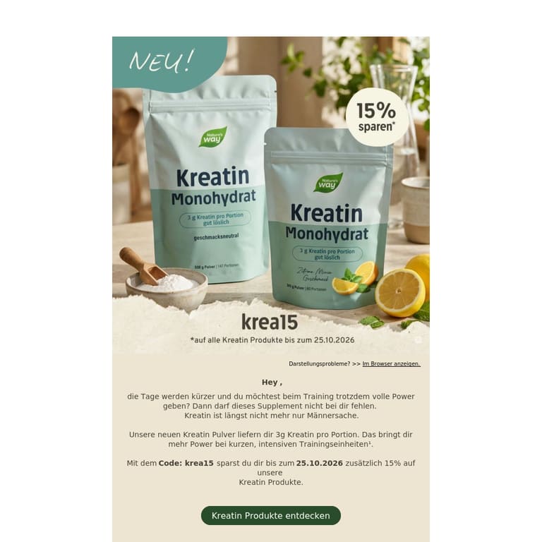 🆕 Neuigkeiten für Fitnessfans: Unsere Kreatin Pulver sind da! - newsletter screenshot
