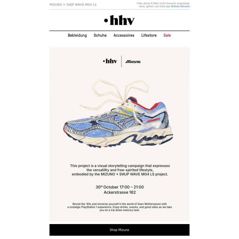 90s, one night only: "MIZUNO × SWJP WAVE MG4 LS" Launch - newsletter screenshot