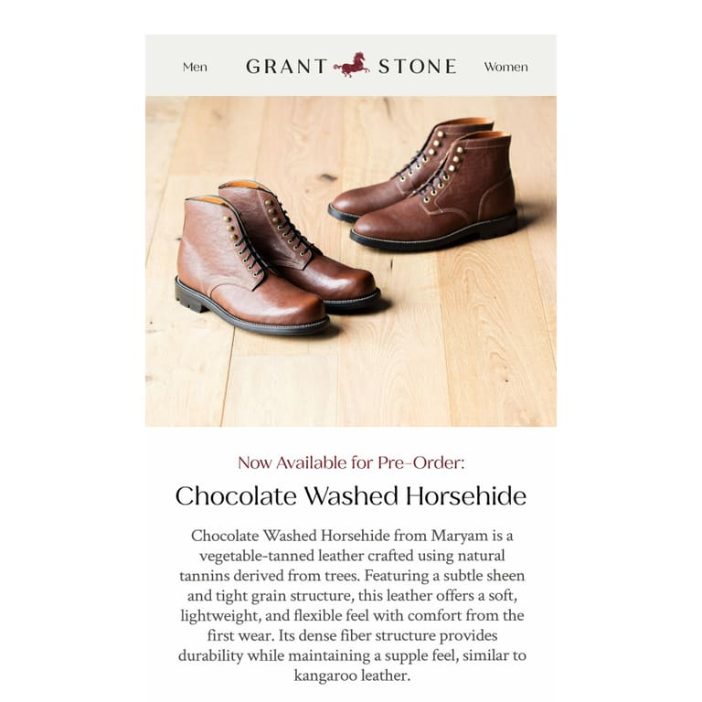 Pre-Order: Chocolate Washed Horsehide - newsletter screenshot
